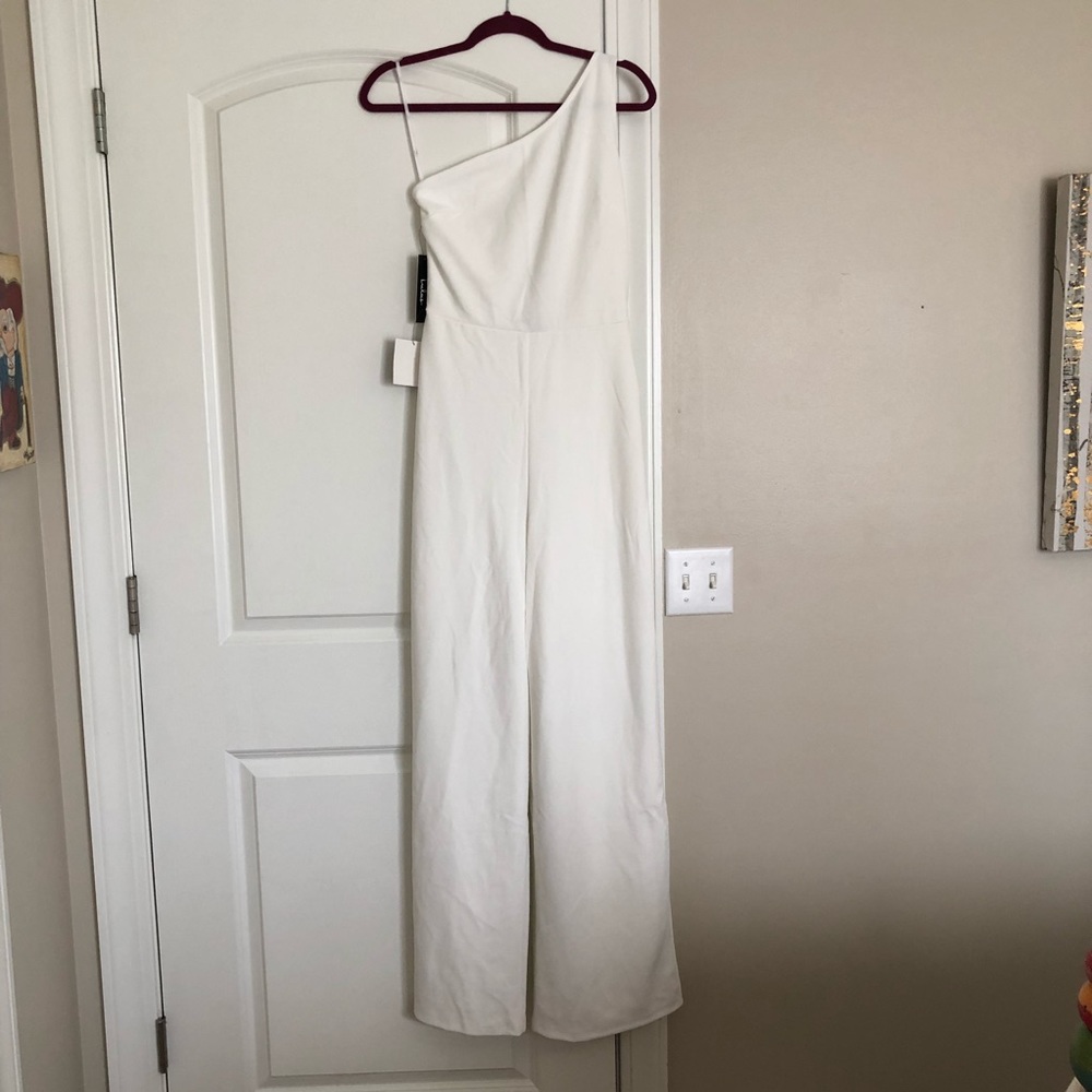Lulus white strappy back one shoulder jumpsuit NWT